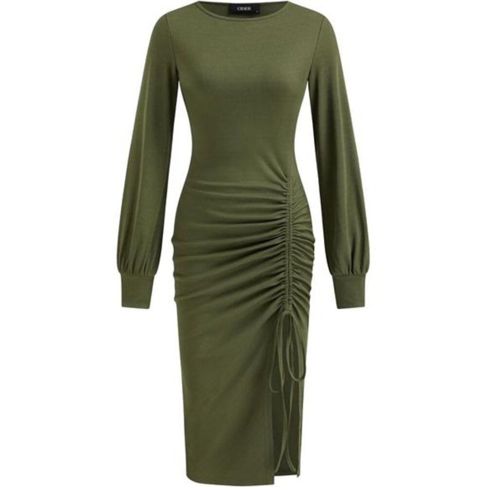 Women's Bodycon Dress Ruched Long Sleeve Drawstring Midi Semi Formal Dress